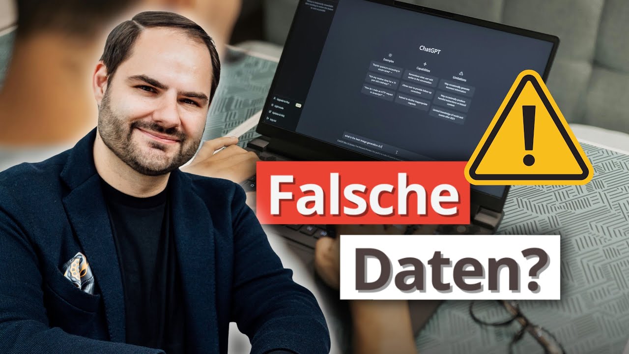 Ein Mann blickt lächelnd in die Kamera, während im Hintergrund die Benutzeroberfläche von ChatGPT auf einem Laptop zu sehen ist. Große Text-Overlays mit der Frage 'Falsche Daten?' und ein gelbes Warnschild mit Ausrufezeichen weisen auf das Problem von Fehlinformationen und Halluzinationen durch künstliche Intelligenz hin.