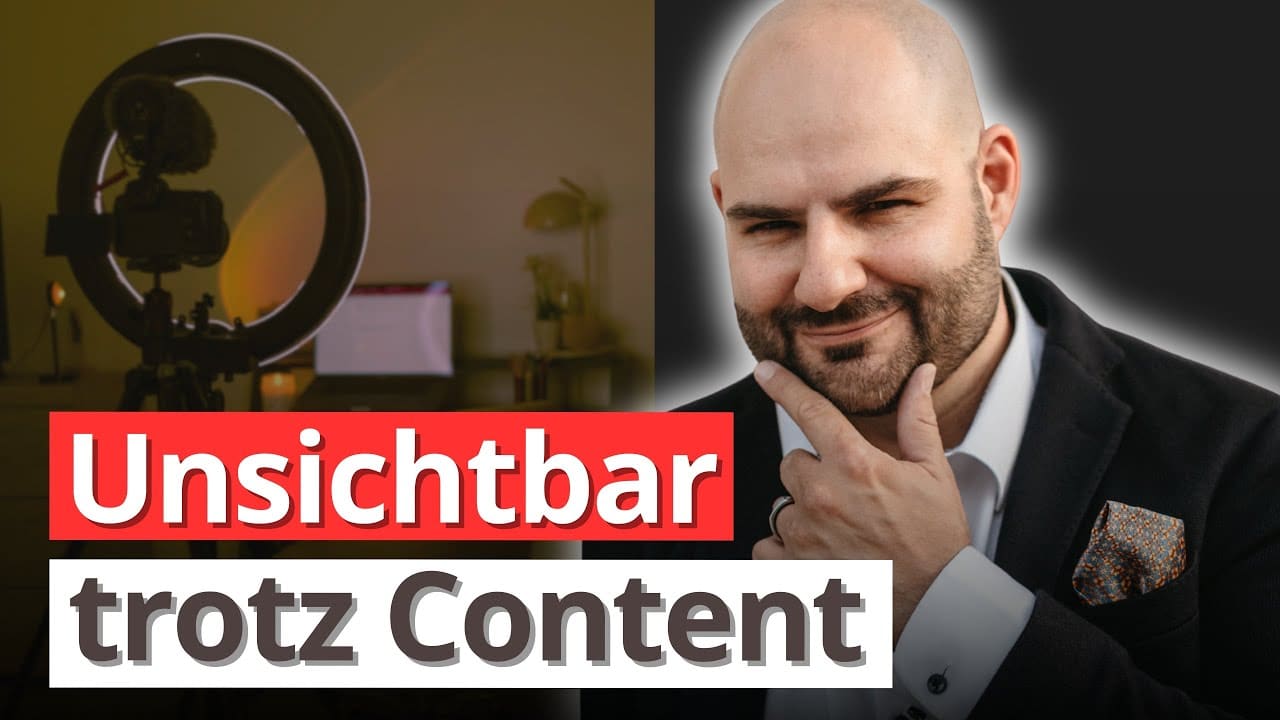 Video-Thumbnail zum Thema Zukunft der Suche. Es zeigt den Kontrast zwischen "Unsichtbar trotz Content" und einem Experten, der Topical Authority symbolisiert.