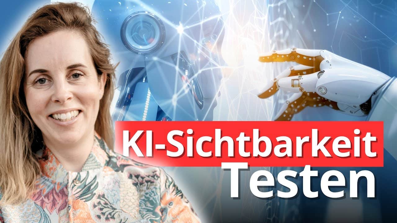 Eine SEO- und AI-Expertin vor KI-Grafiken mit dem Text-Overlay "KI-Sichtbarkeit testen"