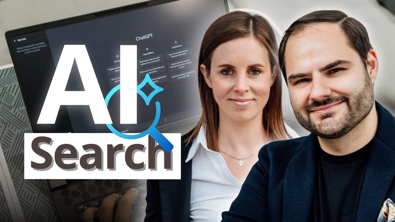 Zwei KI SEO Experten vor einem Laptop mit ChatGPT-Interface und dem Text "AI Search".
