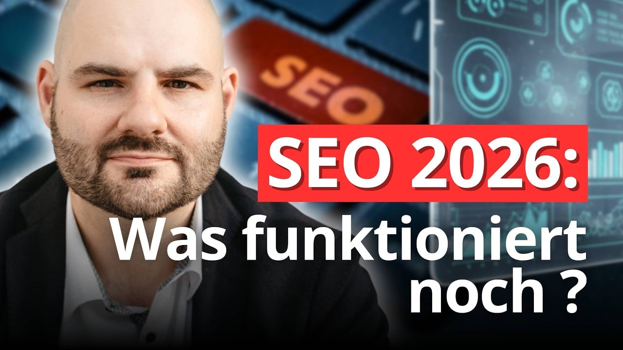 Timon Hartung blickt selbstbewusst in die Kamera, daneben befindet sich ein Schriftzug, "SEO 20206: Was funktioniert noch?" um das Thema KI- und SEO-Trends 2026 zu verdeutlichen.