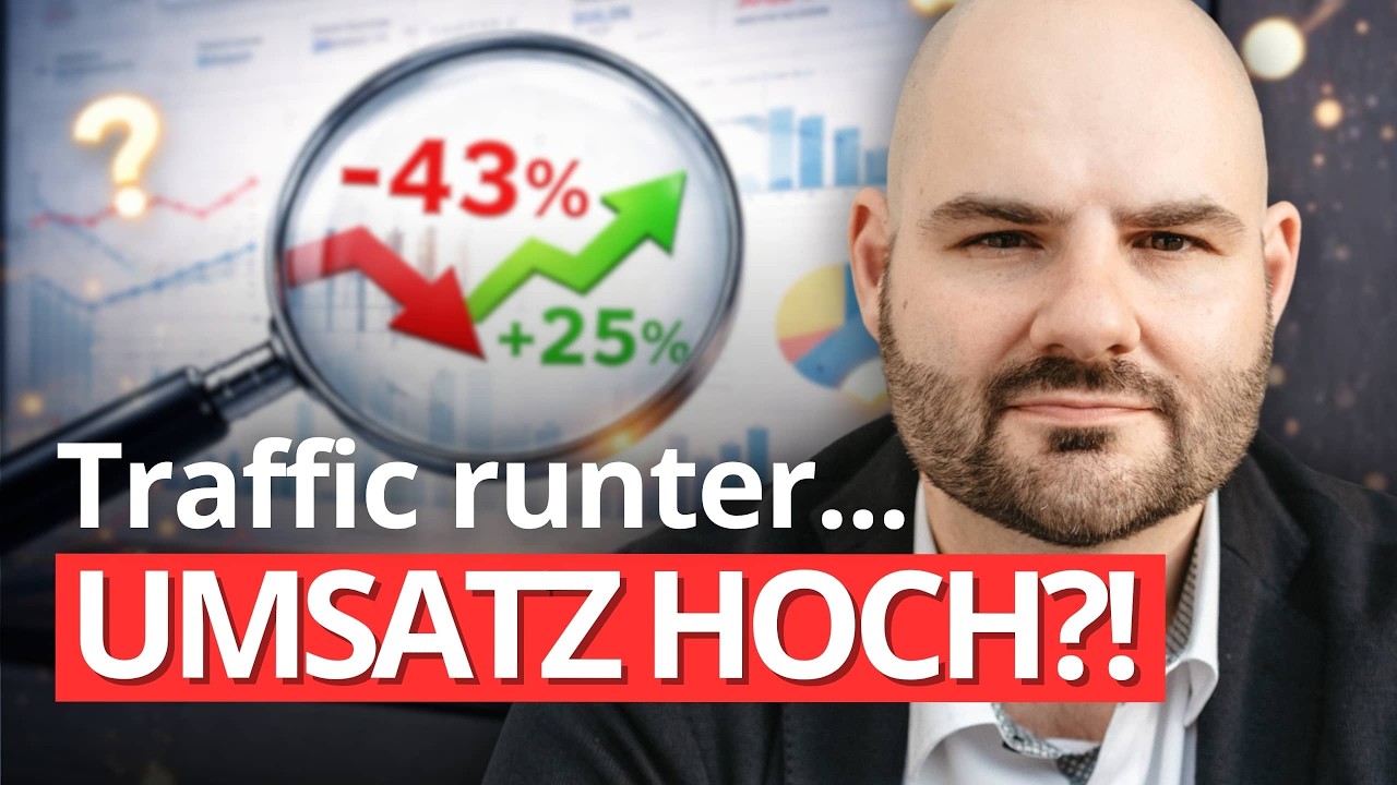 Eine Thumbnail-Grafik mit einem Mann im Anzug und einer Lupe, die auf ein Diagramm zoomt, das einen Rückgang des Traffics um 43 % und einen Anstieg des Umsatzes um 25 % anzeigt.